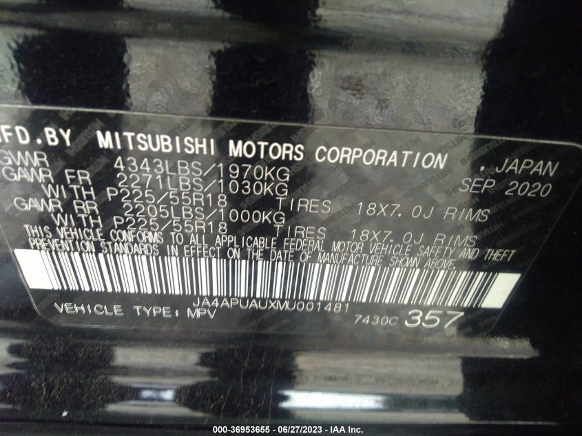 2021 MITSUBISHI OUTLANDER SPORT ES/LE/BE - JA4APUAUXMU001481