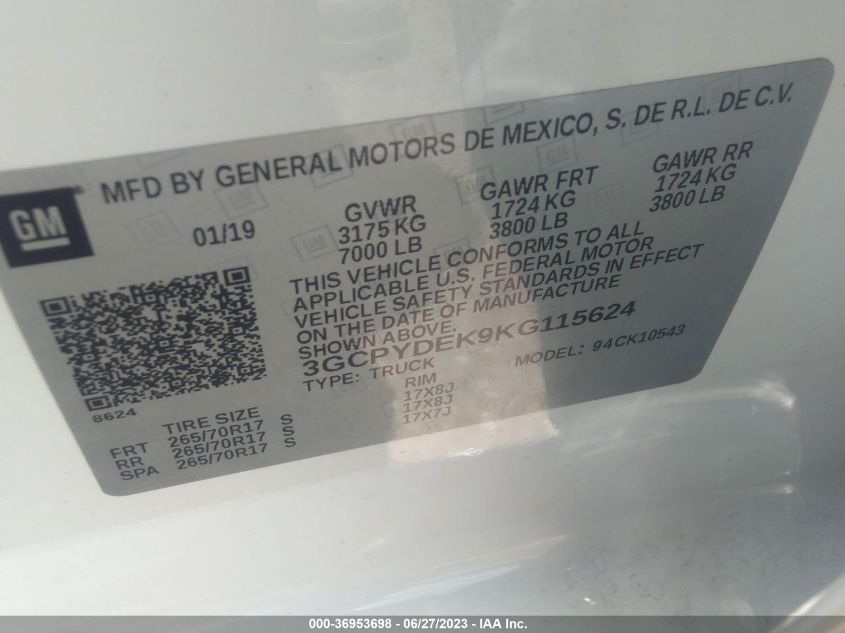 2019 CHEVROLET SILVERADO 1500 LT - 3GCPYDEK9KG115624