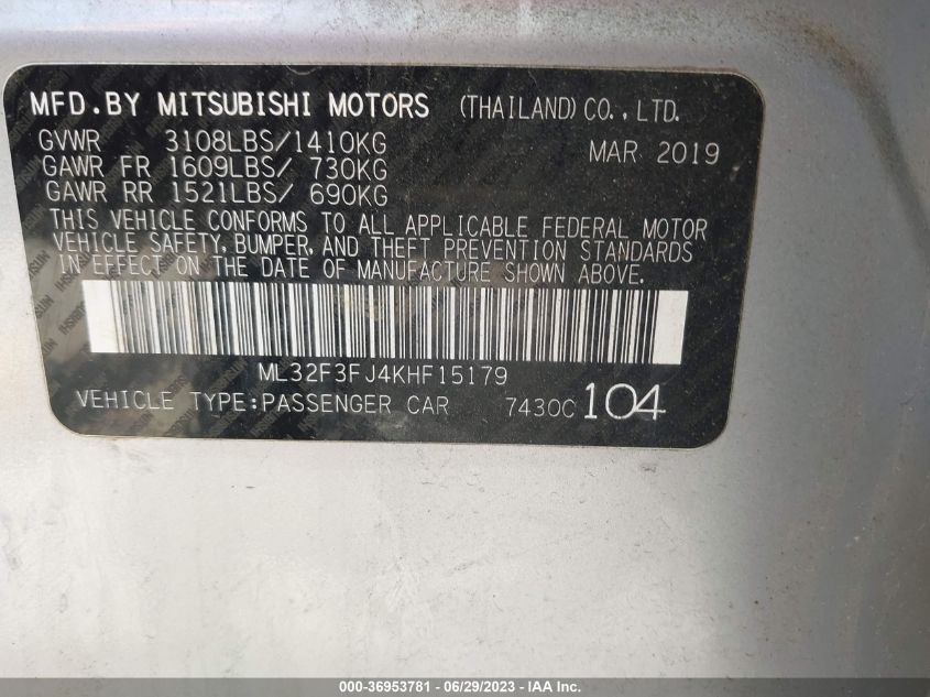 2019 MITSUBISHI MIRAGE G4 ES/RF - ML32F3FJ4KHF15179