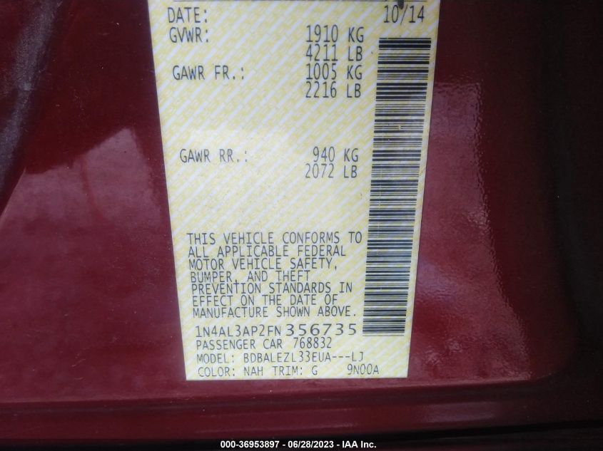 2015 NISSAN ALTIMA 2.5 S - 1N4AL3AP2FN356735