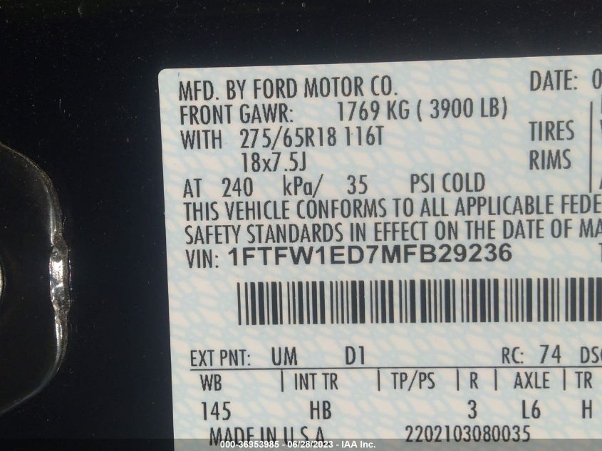 2021 FORD F-150 XL/XLT/LARIAT - 1FTFW1ED7MFB29236