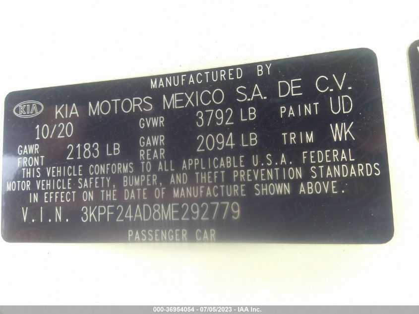 2021 KIA FORTE LXS - 3KPF24AD8ME292779