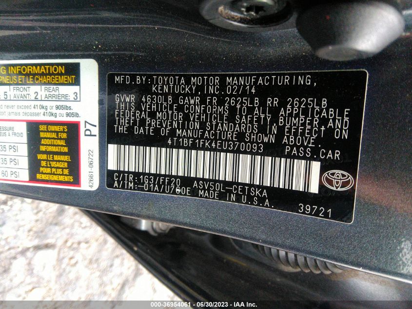 2014 TOYOTA CAMRY L/LE/XLE/SE/SE SPORT - 4T1BF1FK4EU370093