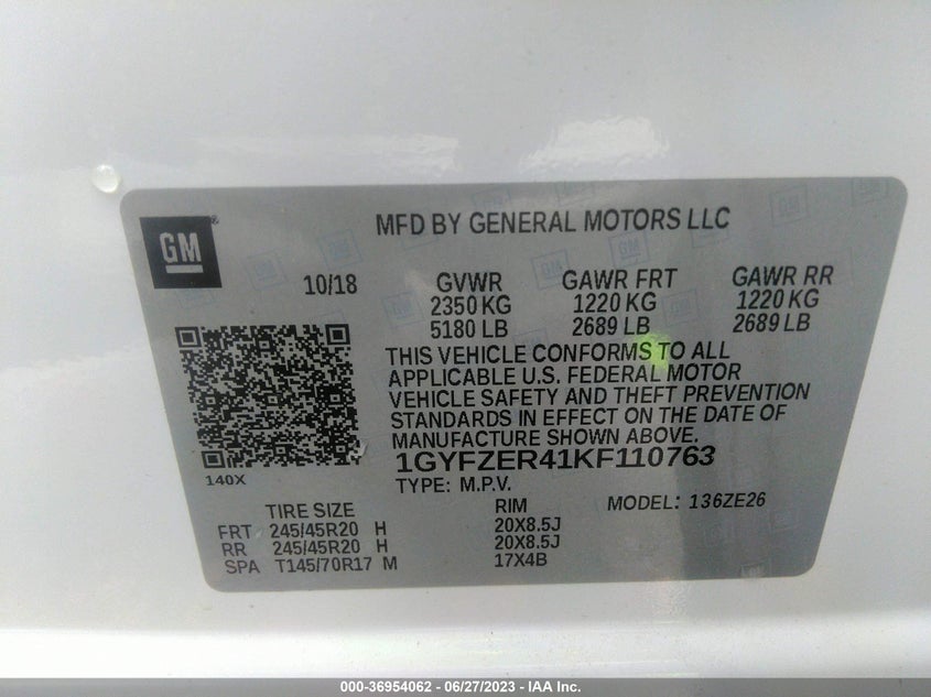 VIN 1GYFZER41KF110763 2019 CADILLAC XT4 FWD SPORT