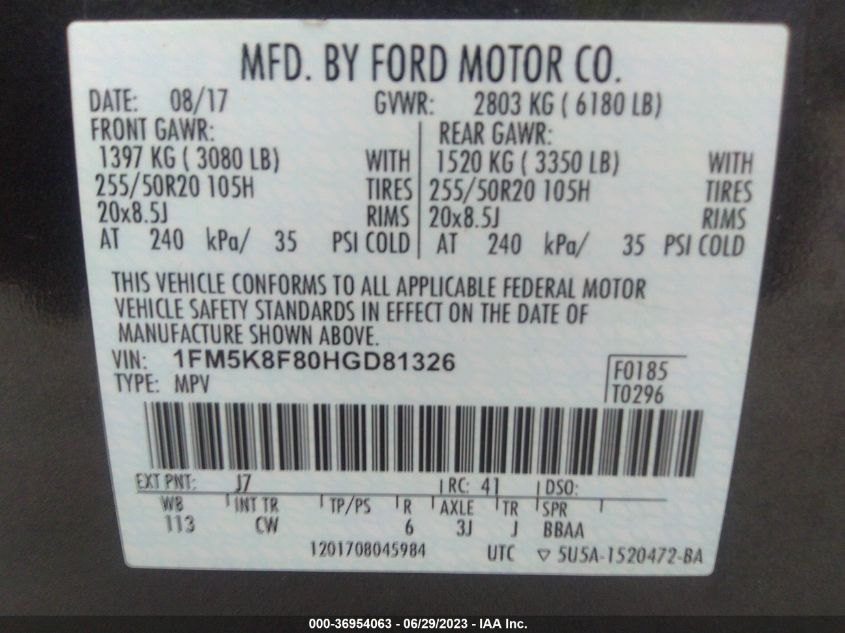 2017 FORD EXPLORER LIMITED - 1FM5K8F80HGD81326
