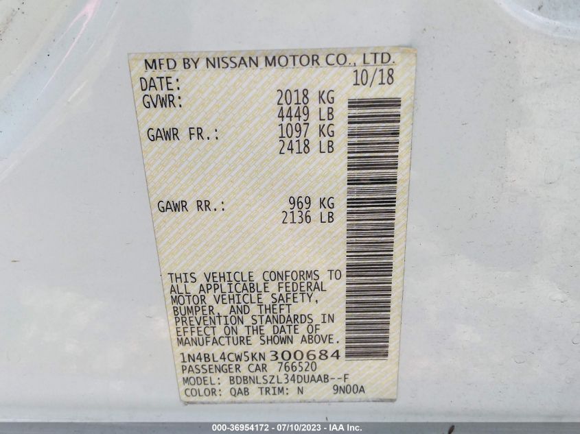 2019 NISSAN ALTIMA 2.5 SR - 1N4BL4CW5KN300684