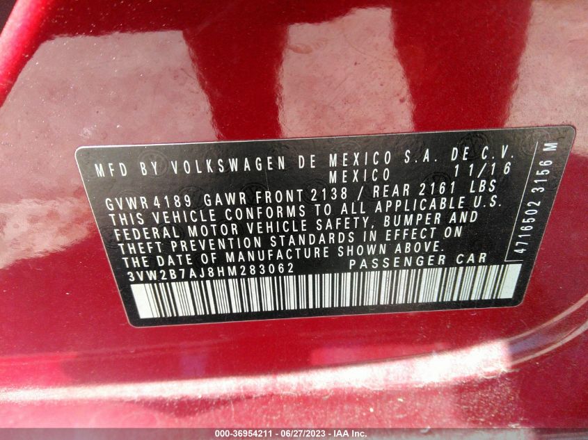 2017 VOLKSWAGEN JETTA S - 3VW2B7AJ8HM283062