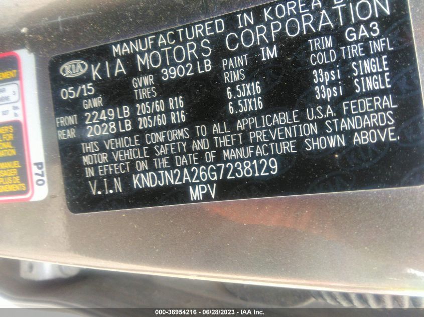 2016 KIA SOUL BASE - KNDJN2A26G7238129