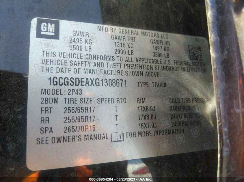 2016 CHEVROLET COLORADO Z71 - 1GCGSDEAXG1308671