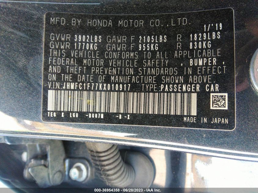 2019 HONDA CIVIC SEDAN EX-L - JHMFC1F77KX010917