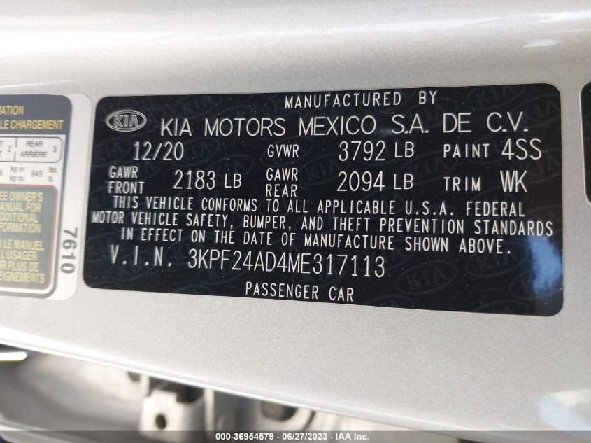 2021 KIA FORTE LXS - 3KPF24AD4ME317113