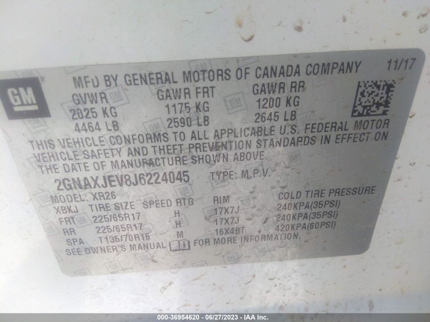 2018 CHEVROLET EQUINOX LT - 2GNAXJEV8J6224045