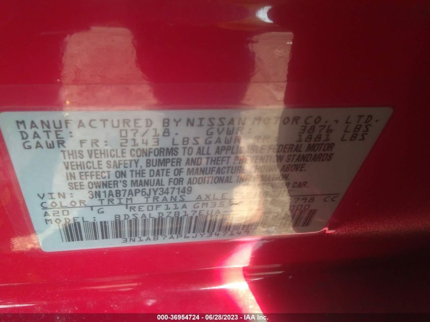 2018 NISSAN SENTRA SV - 3N1AB7AP6JY347149