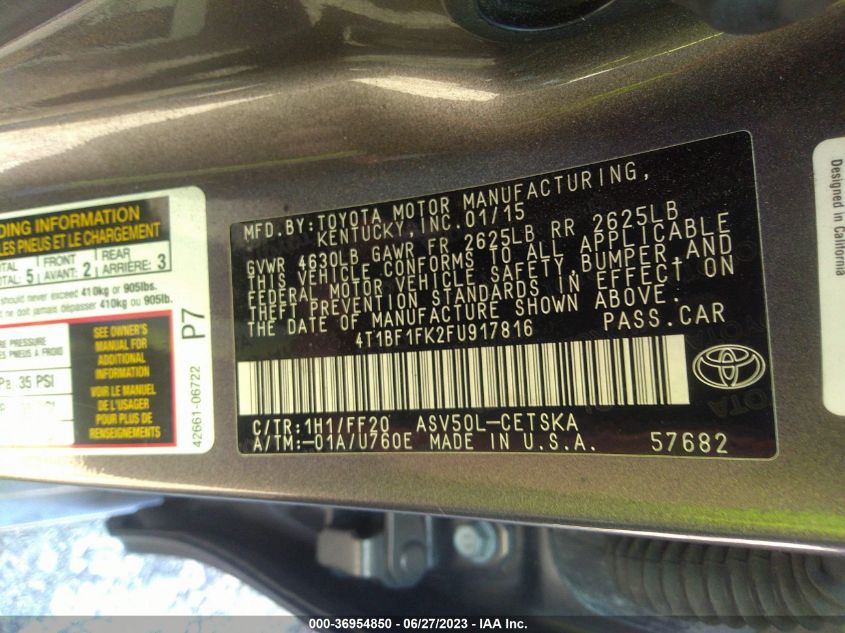 2015 TOYOTA CAMRY LE/XLE/SE/XSE - 4T1BF1FK2FU917816