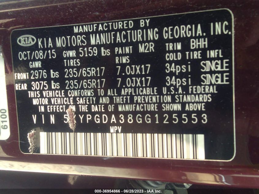 2016 KIA SORENTO LX/L - 5XYPGDA38GG125553