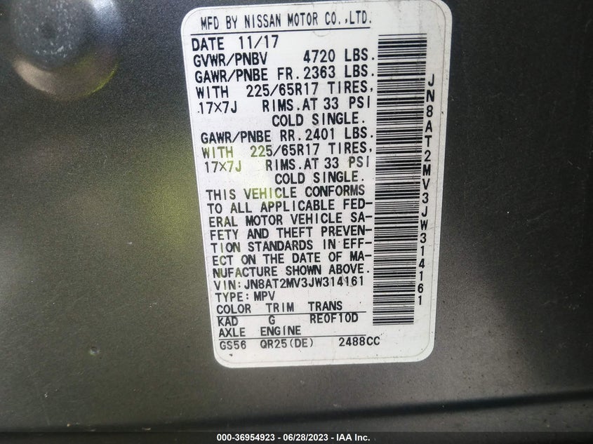 VIN JN8AT2MV3JW314161 2018 NISSAN ROGUE S/SL/SV