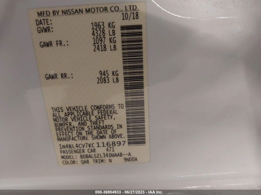 2019 NISSAN ALTIMA 2.5 SR - 1N4BL4CV7KC116897