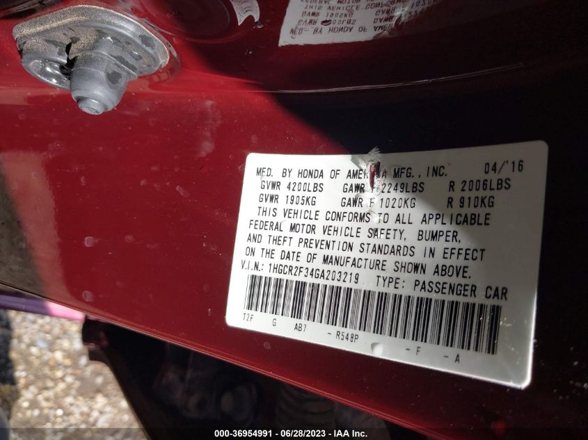 2016 HONDA ACCORD SEDAN LX - 1HGCR2F34GA203219