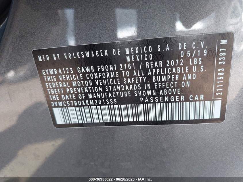 VIN 3VWC57BUXKM201389 2019 VOLKSWAGEN JETTA S/SE/R-LINE