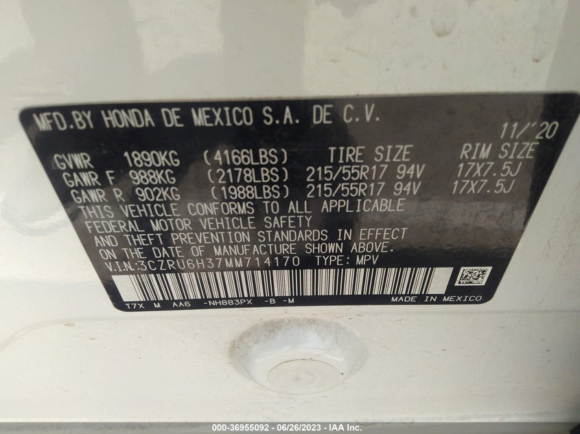 VIN 3CZRU6H37MM714170 2021 HONDA HR-V LX