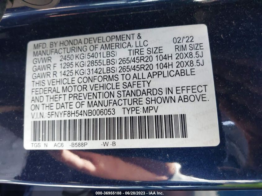 2022 HONDA PASSPORT EX-L - 5FNYF8H54NB006053