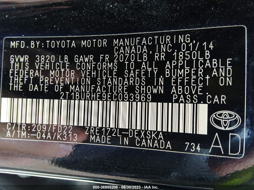 2014 TOYOTA COROLLA L/LE/S/S PLUS/LE PLUS - 2T1BURHE9EC093969