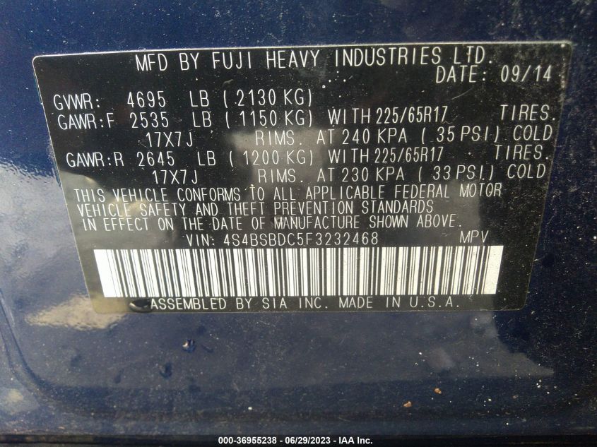 2015 SUBARU OUTBACK 2.5I PREMIUM - 4S4BSBDC5F3232468