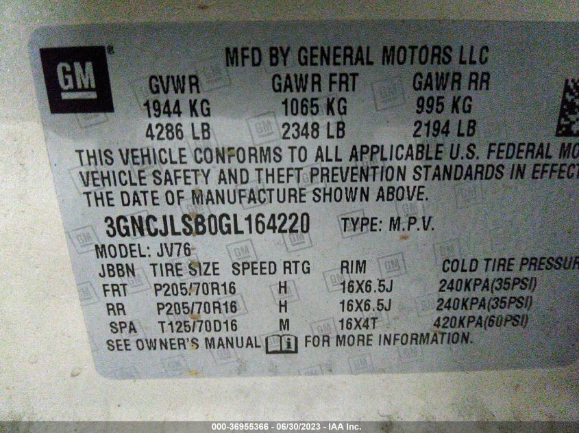 2016 CHEVROLET TRAX LT - 3GNCJLSB0GL164220