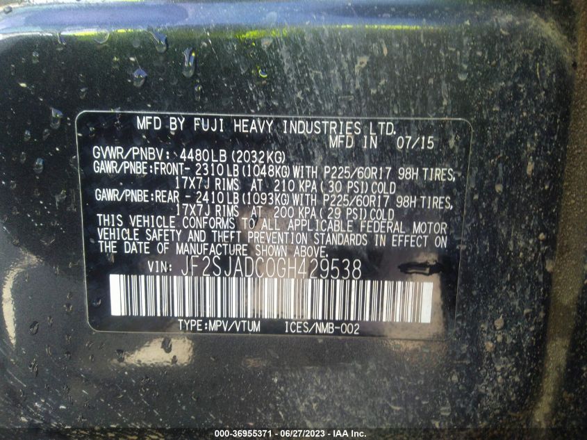 2016 SUBARU FORESTER 2.5I PREMIUM - JF2SJADC0GH429538