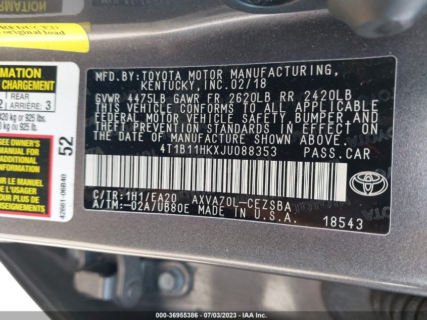 2018 TOYOTA CAMRY LE/SE/XLE/L - 4T1B11HKXJU088353