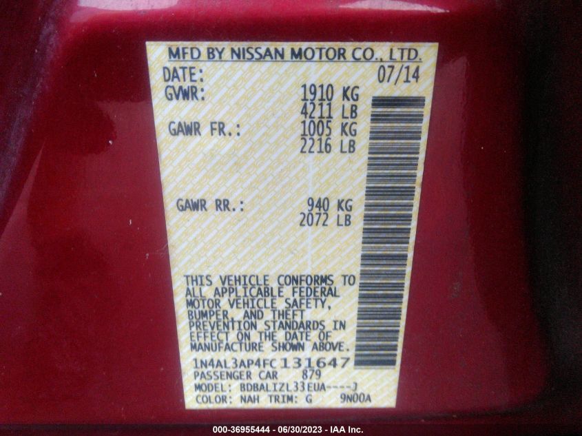 2015 NISSAN ALTIMA 2.5 SV - 1N4AL3AP4FC131647
