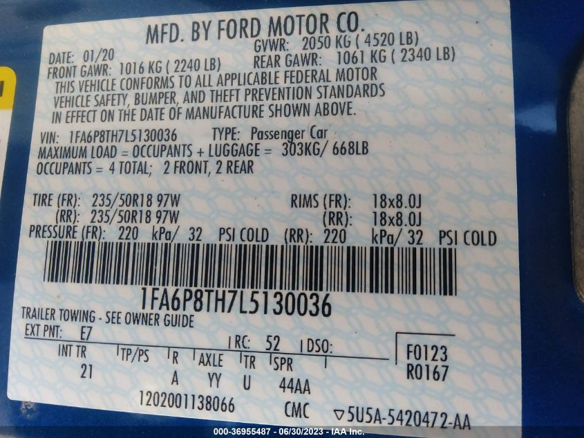 2020 FORD MUSTANG ECOBOOST - 1FA6P8TH7L5130036