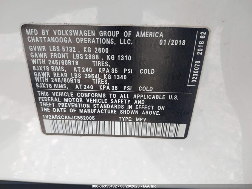 VIN 1V2AR2CA5JC552005 2018 VOLKSWAGEN ATLAS S
