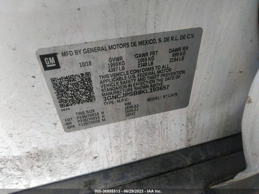 2019 CHEVROLET TRAX LT - 3GNCJPSB8KL193657