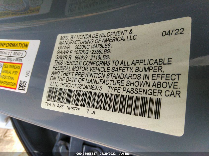 2022 HONDA ACCORD SEDAN SPORT - 1HGCV1F38NA046975