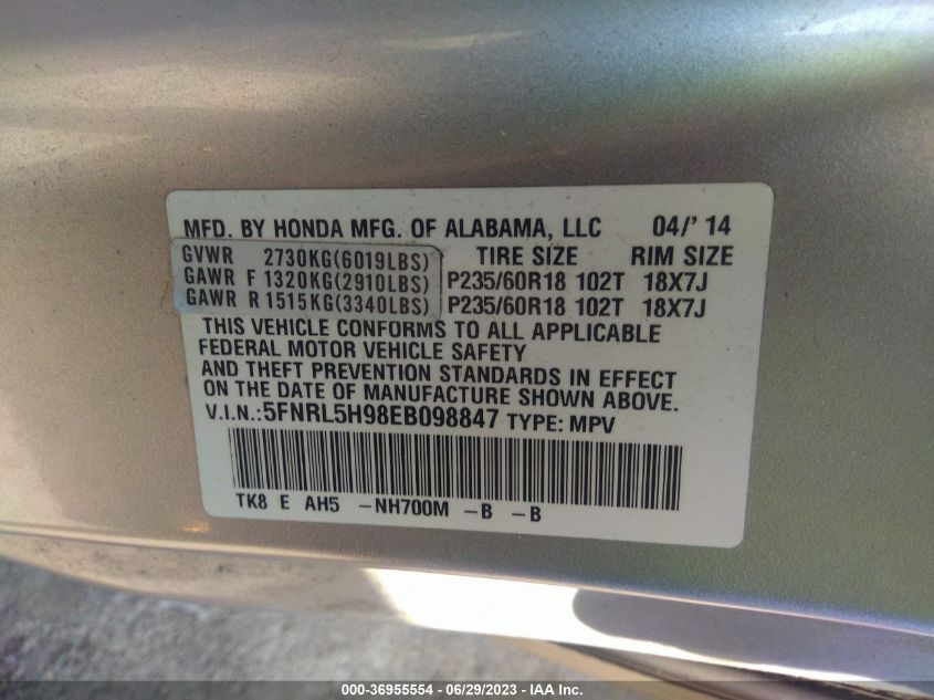 2014 HONDA ODYSSEY TOURING - 5FNRL5H98EB098847