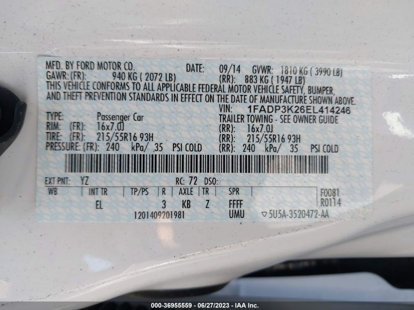 2014 FORD FOCUS SE - 1FADP3K26EL414246