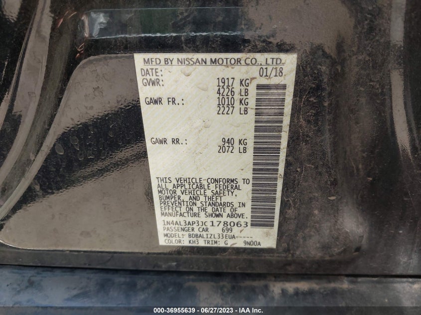 VIN 1N4AL3AP3JC178063 2018 NISSAN ALTIMA 2.5 SV