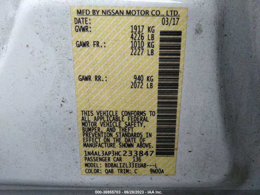 2017 NISSAN ALTIMA 2.5 SV - 1N4AL3AP3HC233847
