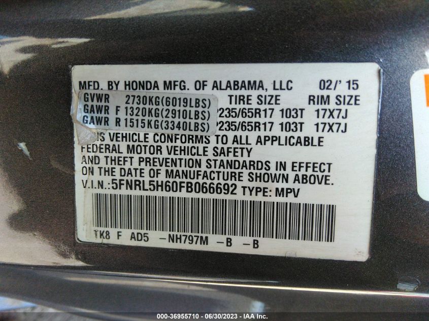 2015 HONDA ODYSSEY EX-L - 5FNRL5H60FB066692