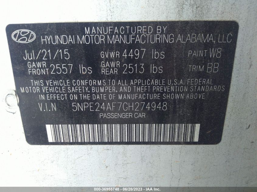 2016 HYUNDAI SONATA 2.4L SE - 5NPE24AF7GH274948