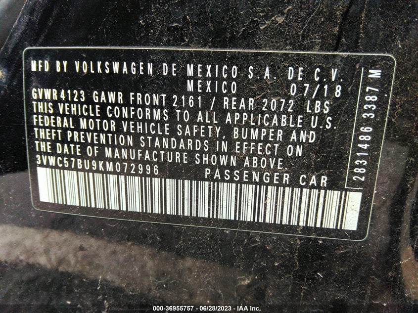 VIN 3VWC57BU9KM072996 2019 VOLKSWAGEN JETTA S/SE/R-LINE