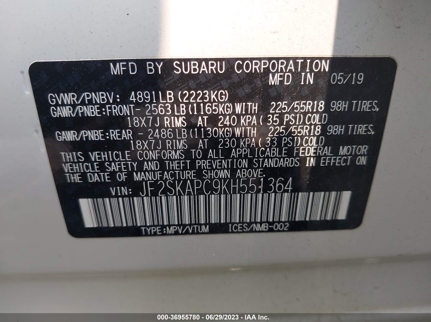 VIN JF2SKAPC9KH551364 2019 SUBARU FORESTER SPORT