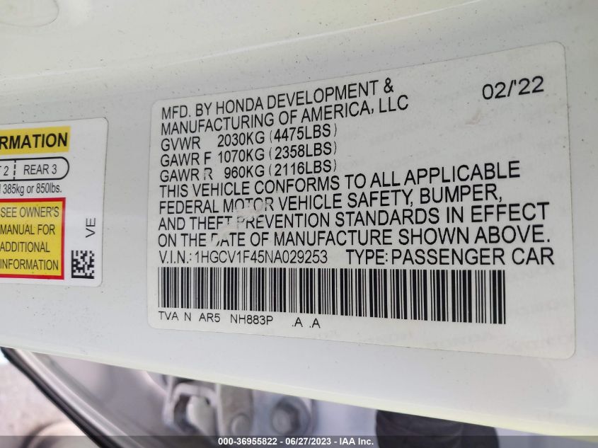 2022 HONDA ACCORD SEDAN SPORT SE - 1HGCV1F45NA029253