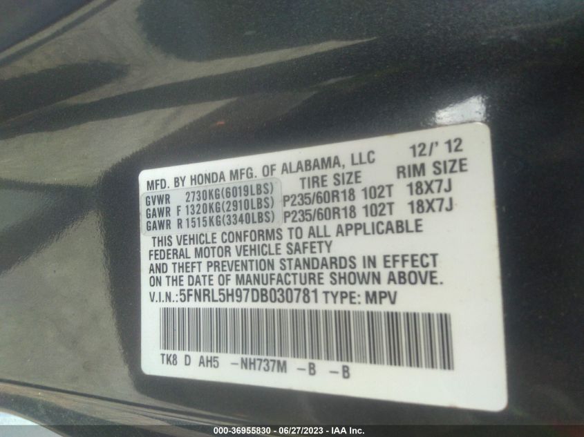 VIN 5FNRL5H97DB030781 2013 HONDA ODYSSEY no.9