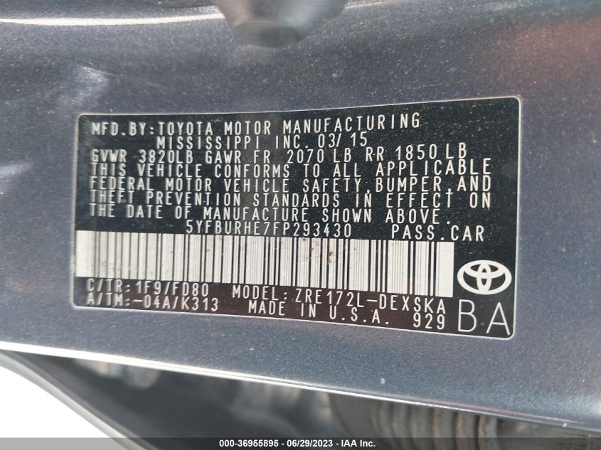 2015 TOYOTA COROLLA S - 5YFBURHE7FP293430