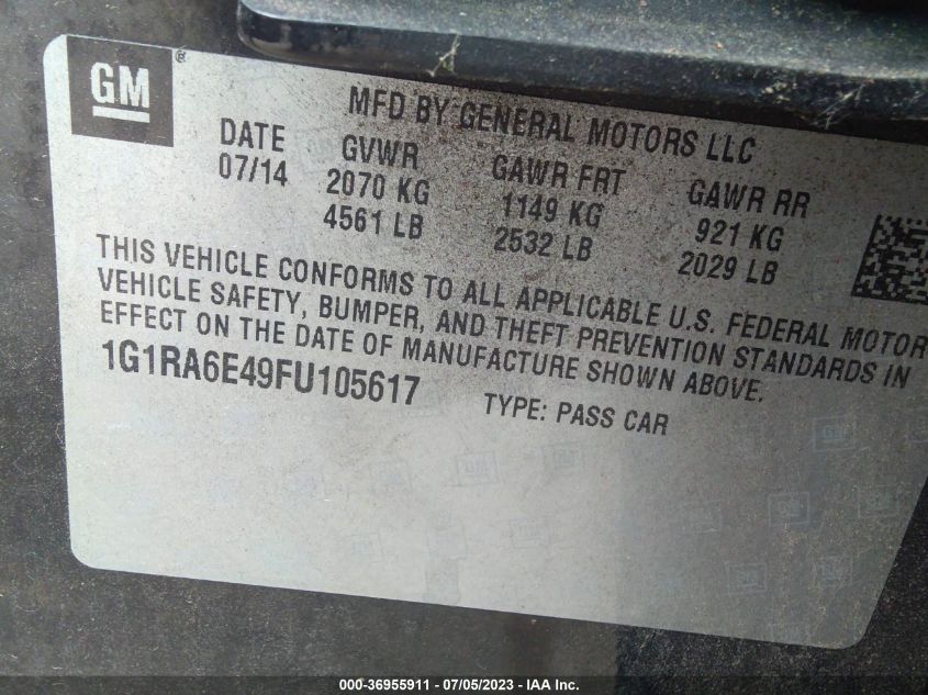 2015 CHEVROLET VOLT - 1G1RA6E49FU105617