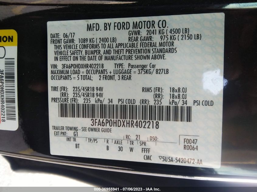 2017 FORD FUSION SE - 3FA6P0HDXHR402218