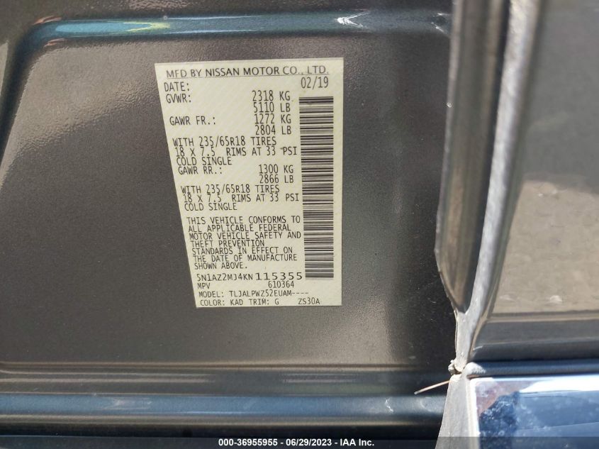 2019 NISSAN MURANO S - 5N1AZ2MJ4KN115355