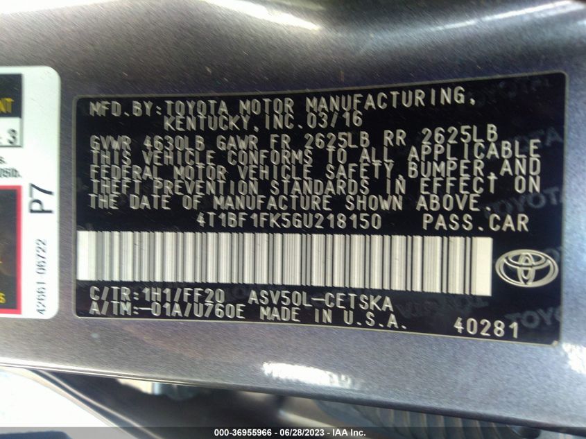 2016 TOYOTA CAMRY XLE/SE/LE/XSE - 4T1BF1FK5GU218150